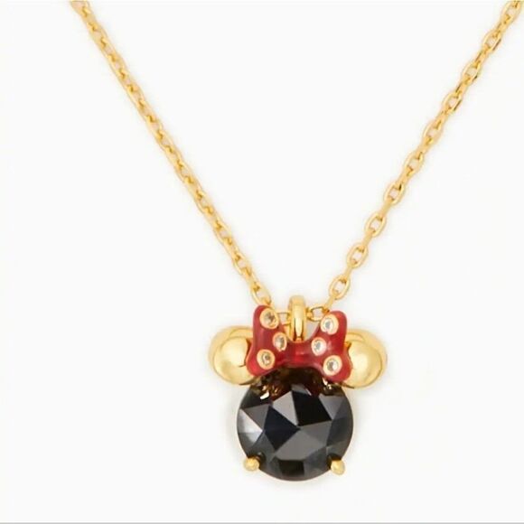 NEW KATE SPADE x DISNEY MINNIE MOUSE DARK STONE GOLD TONE NECKLACE + DUST BAG - Picture 2 of 3